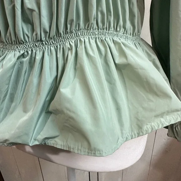 Zara Sage Green Smocked Peplum Nylon Top Puff Sleeve Square Neck Size L - Picture 3 of 4